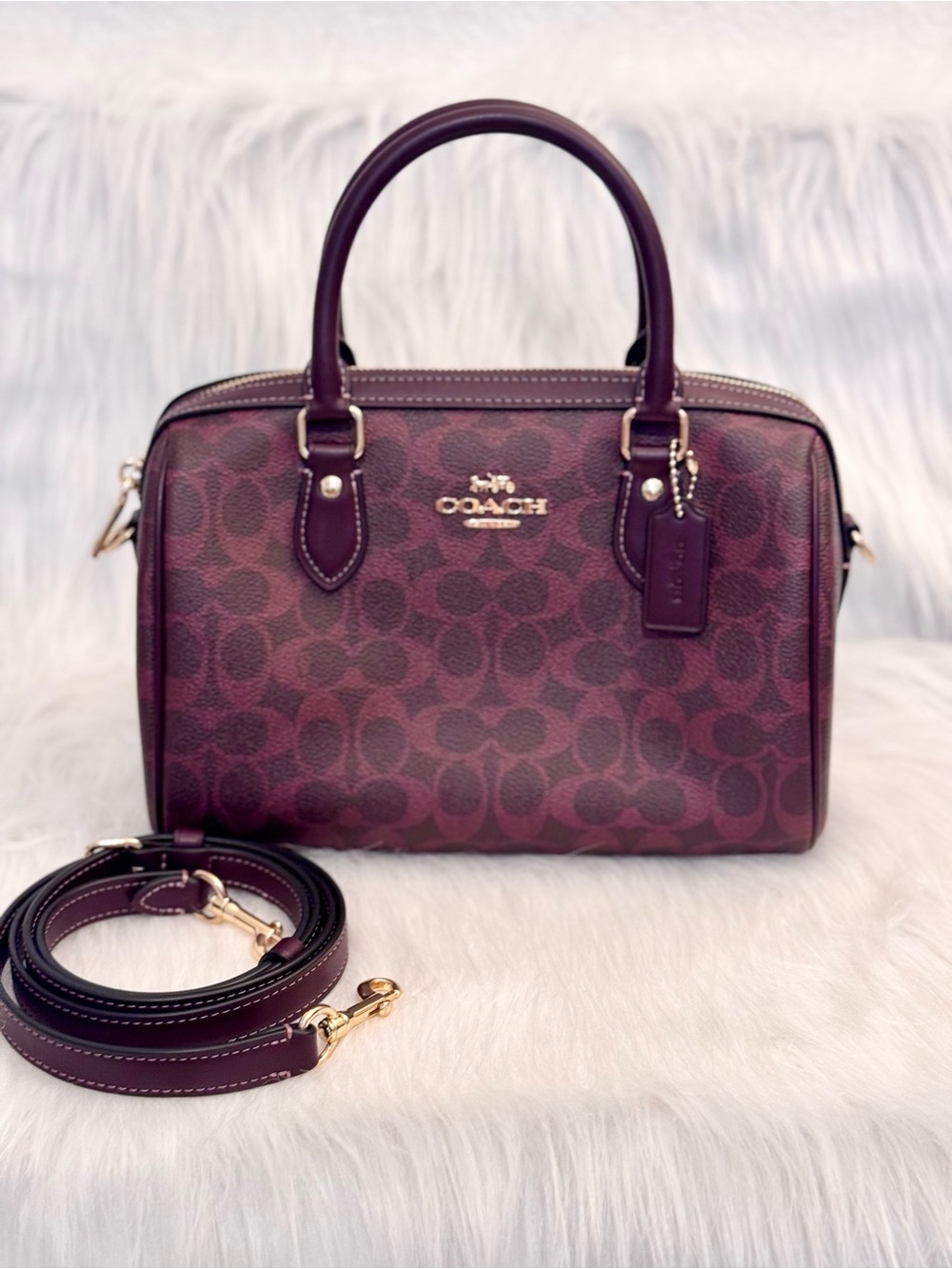 NWT Coach CV961 Rowan Satchel Bag In Signature Canvas Black Currant Color